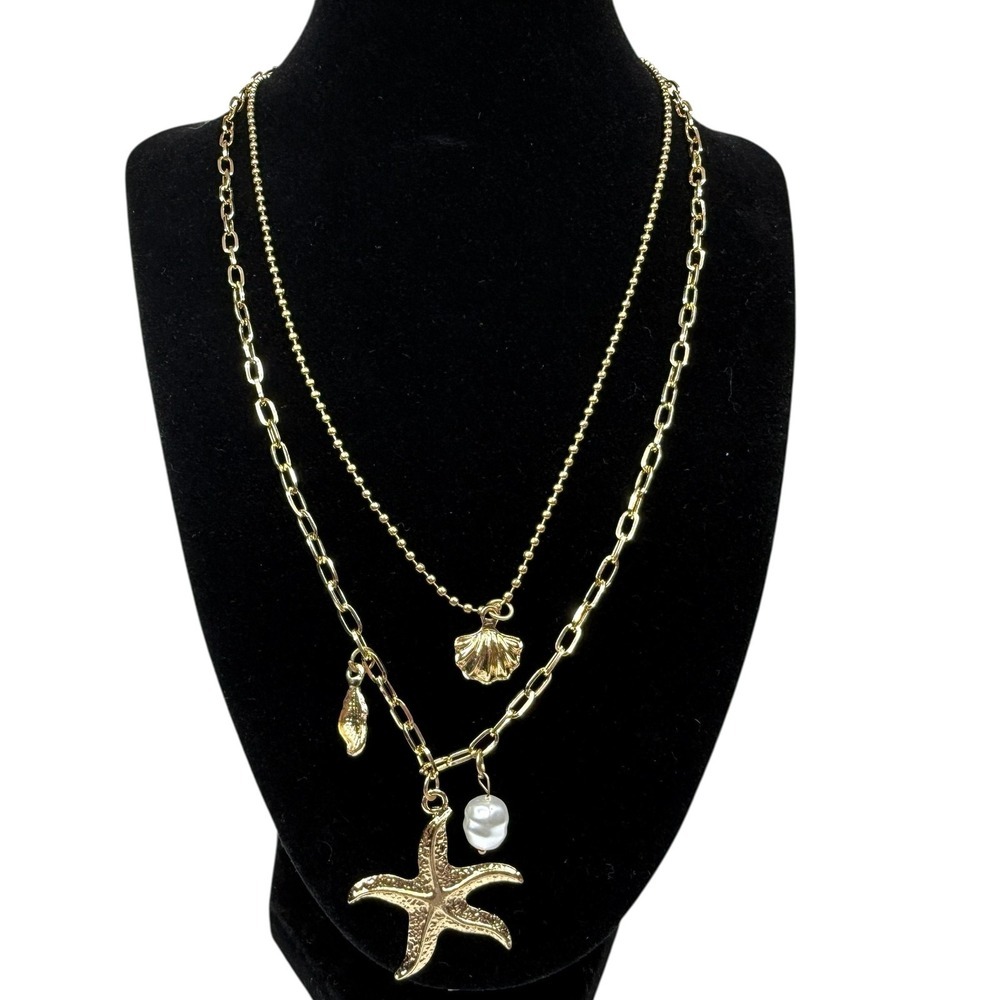 Chic Gold Tone Layered Charm Necklace Starfish Pearl Shell Beach Ocean Jewelry